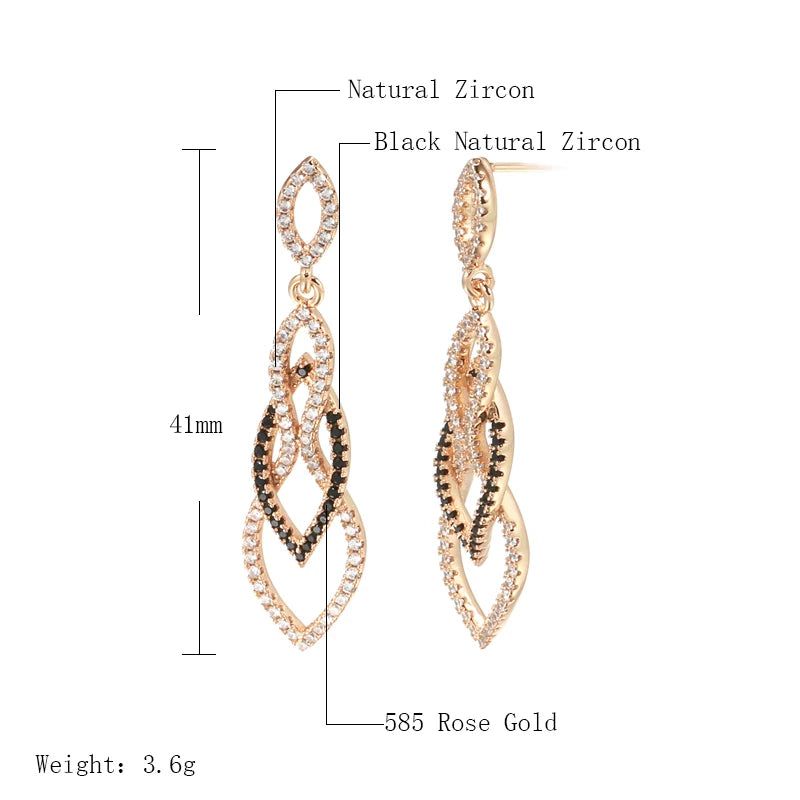 Tasteful Long Drop Earrings in 585 Rose Gold with Black Natural Zircon - Vintage Inspired Jewelry