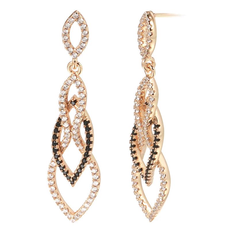 Tasteful Long Drop Earrings in 585 Rose Gold with Black Natural Zircon - Vintage Inspired Jewelry