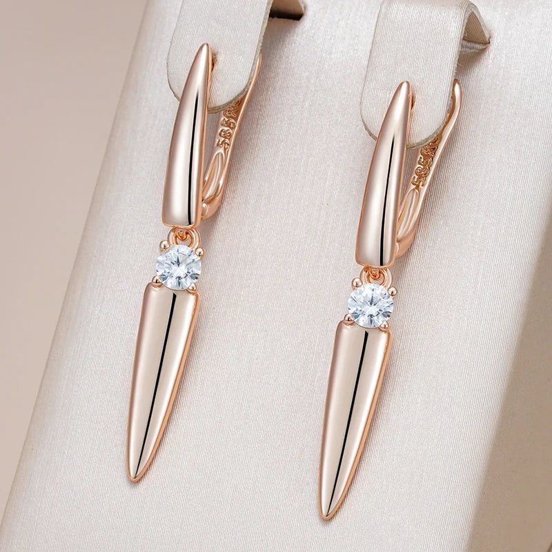 Tasteful Long Drop Earrings in 585 Rose Gold with Natural Zircon Accents