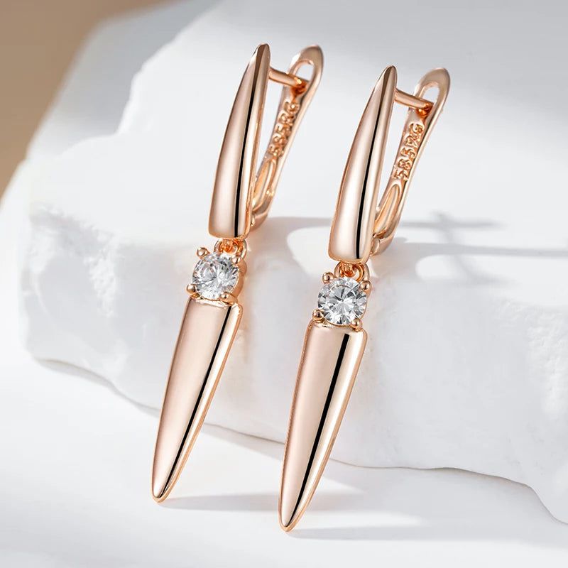 Tasteful Long Drop Earrings in 585 Rose Gold with Natural Zircon Accents