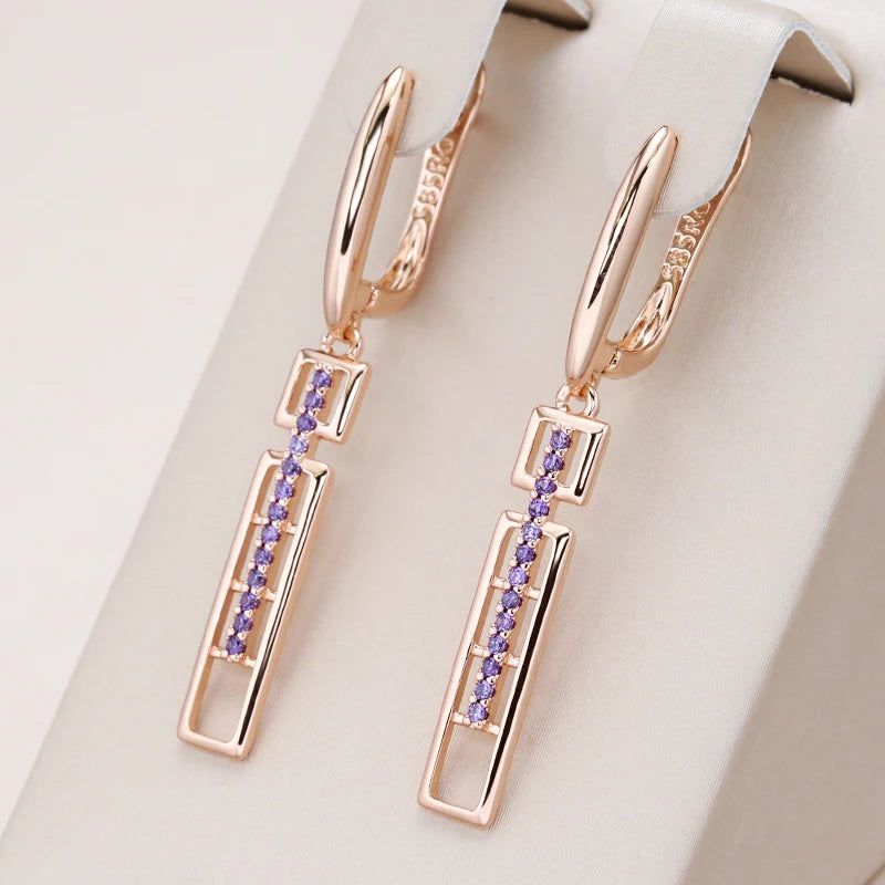 Tasteful Long Drop Earrings in 585 Rose Gold with Purple Natural Zircon