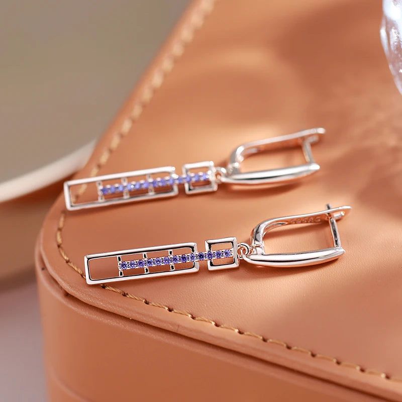 Tasteful Long Drop Earrings in 585 Rose Gold with Purple Natural Zircon