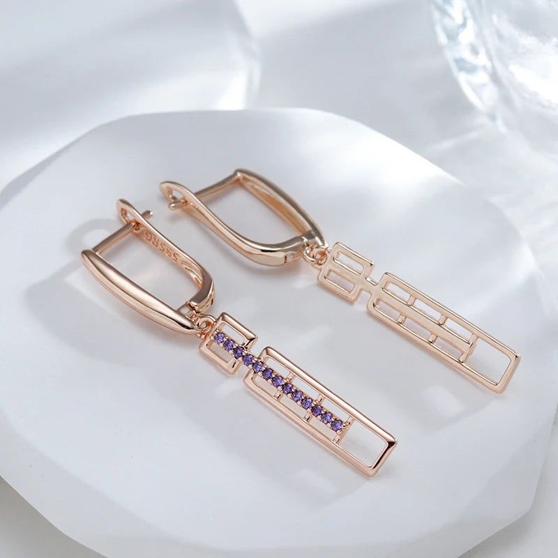 Tasteful Long Drop Earrings in 585 Rose Gold with Purple Natural Zircon