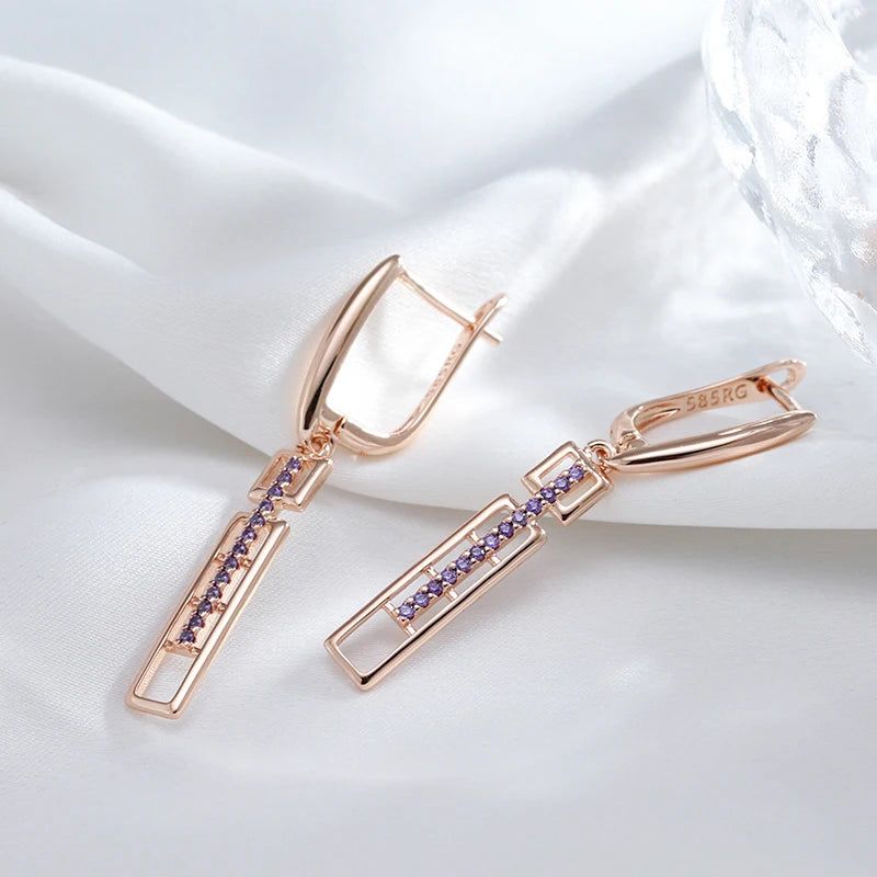 Tasteful Long Drop Earrings in 585 Rose Gold with Purple Natural Zircon