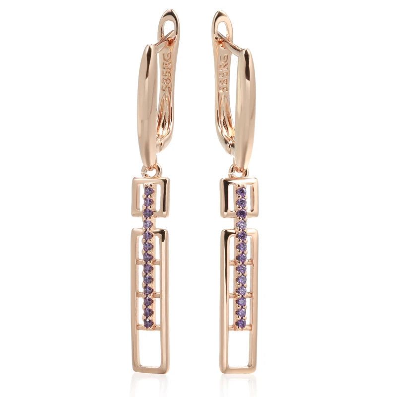 Tasteful Long Drop Earrings in 585 Rose Gold with Purple Natural Zircon