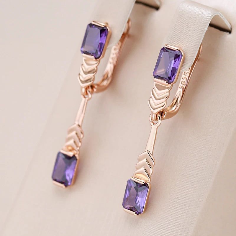 Tasteful Long Drop Earrings in 585 Rose Gold with Square Purple Natural Zircon Accents