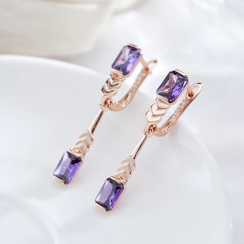 Tasteful Long Drop Earrings in 585 Rose Gold with Square Purple Natural Zircon Accents