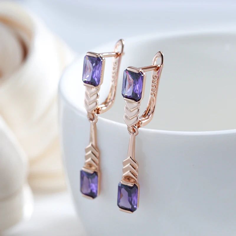 Tasteful Long Drop Earrings in 585 Rose Gold with Square Purple Natural Zircon Accents