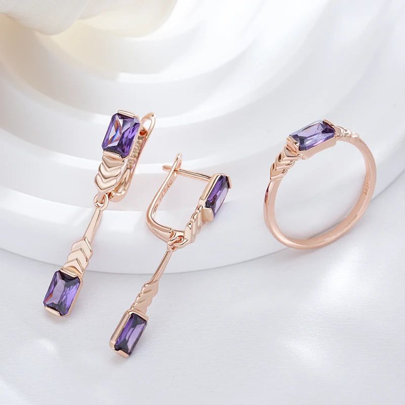 Tasteful Long Drop Earrings in 585 Rose Gold with Square Purple Natural Zircon Accents