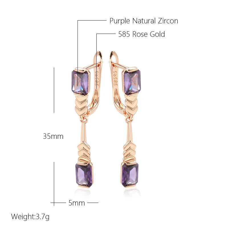 Tasteful Long Drop Earrings in 585 Rose Gold with Square Purple Natural Zircon Accents