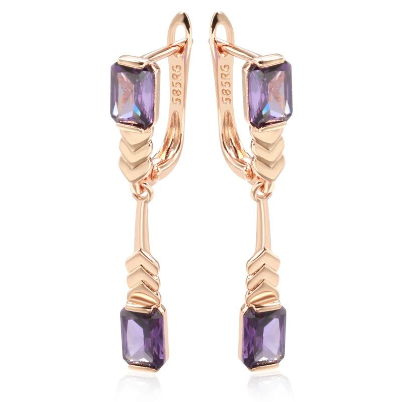 Tasteful Long Drop Earrings in 585 Rose Gold with Square Purple Natural Zircon Accents