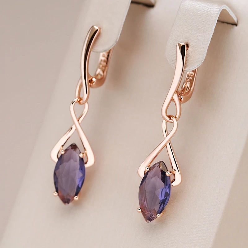 Tasteful Long Drop Earrings with Hot Purple Natural Zircon in 585 Rose Gold