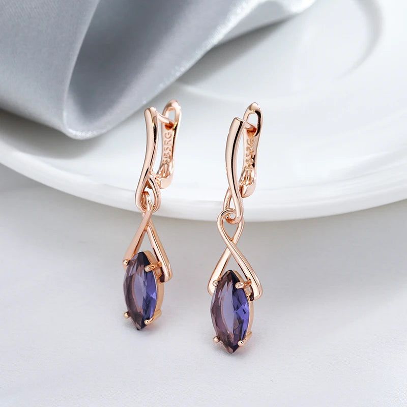 Tasteful Long Drop Earrings with Hot Purple Natural Zircon in 585 Rose Gold