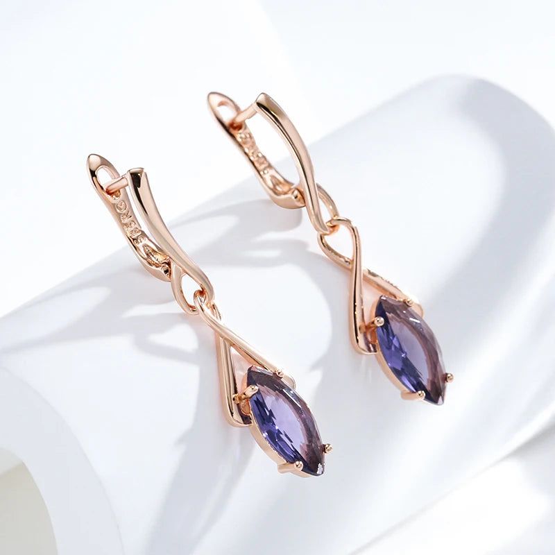 Tasteful Long Drop Earrings with Hot Purple Natural Zircon in 585 Rose Gold