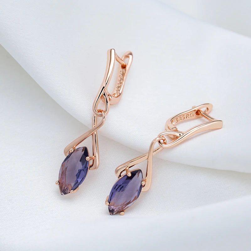 Tasteful Long Drop Earrings with Hot Purple Natural Zircon in 585 Rose Gold