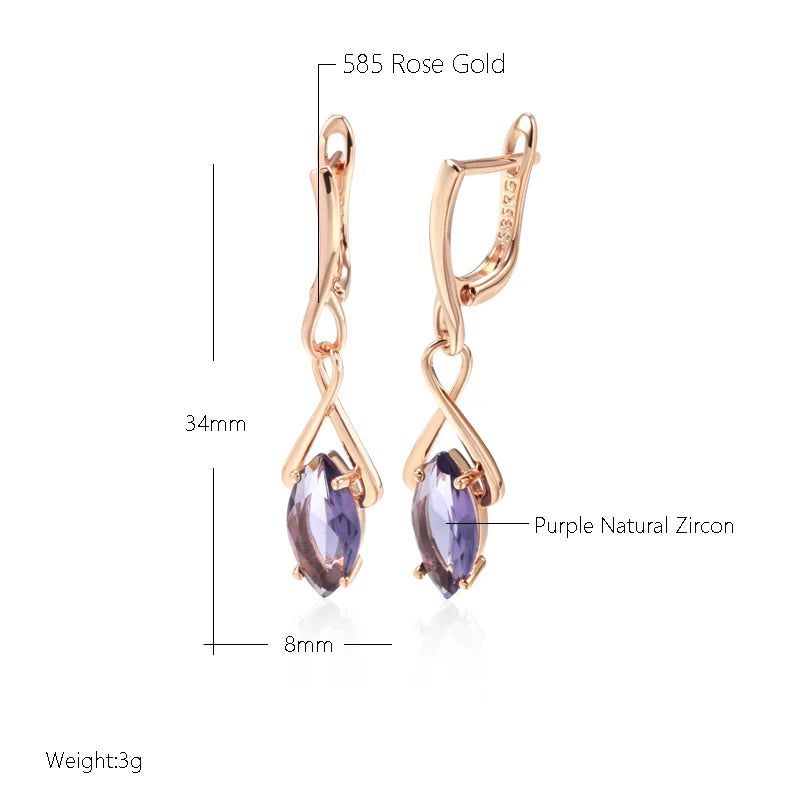 Tasteful Long Drop Earrings with Hot Purple Natural Zircon in 585 Rose Gold