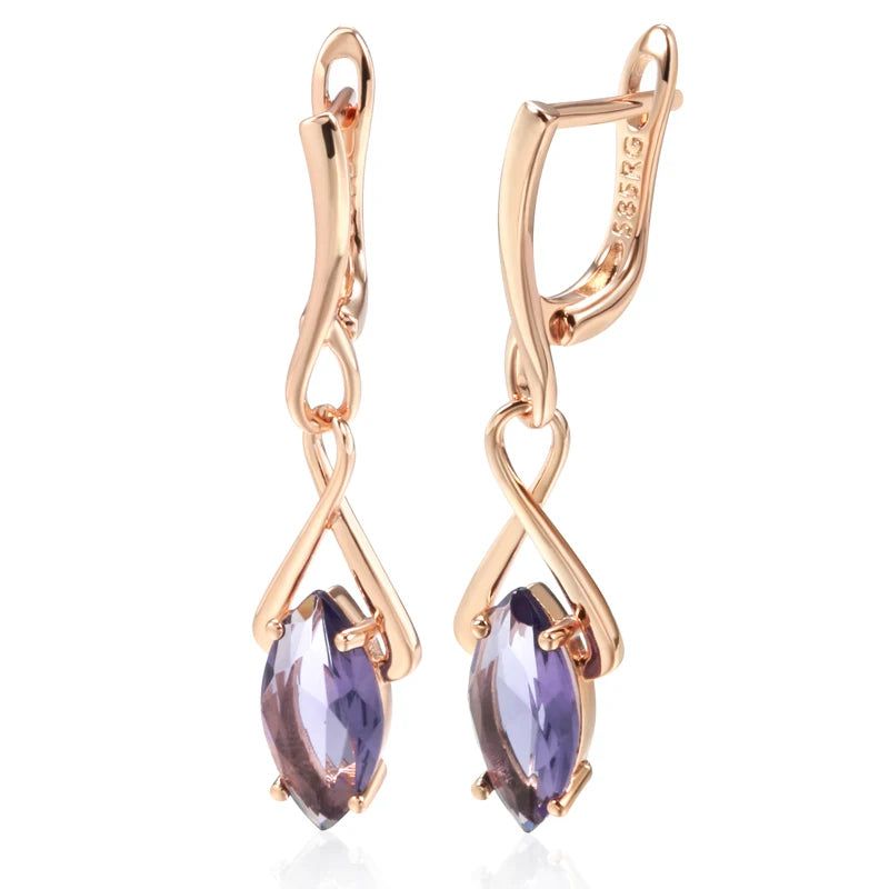 Tasteful Long Drop Earrings with Hot Purple Natural Zircon in 585 Rose Gold