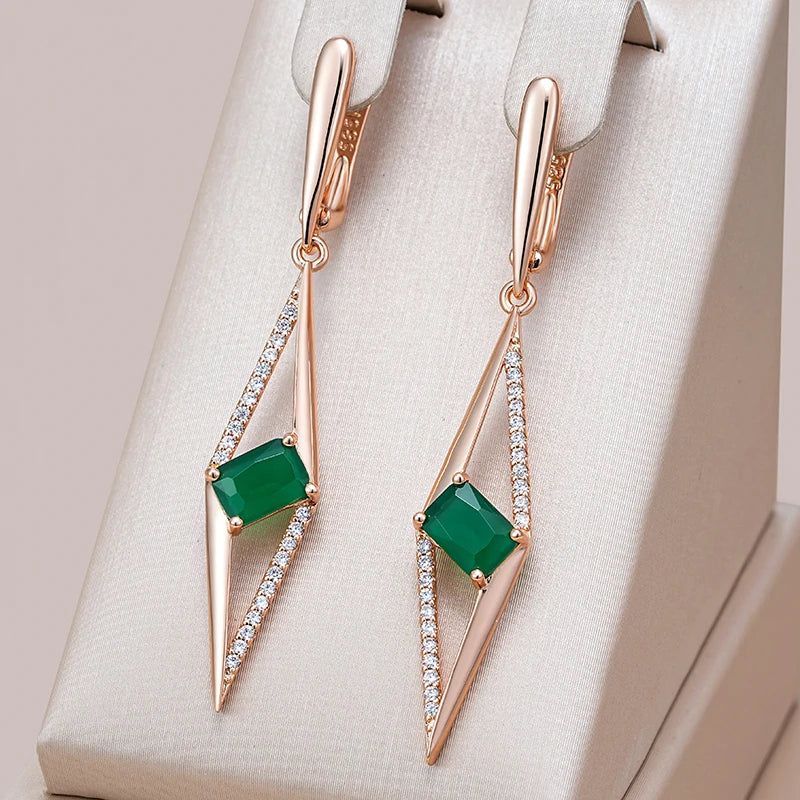 Tasteful Long Drop Earrings with Hot Square Green Natural Zircon in 585 Rose Gold