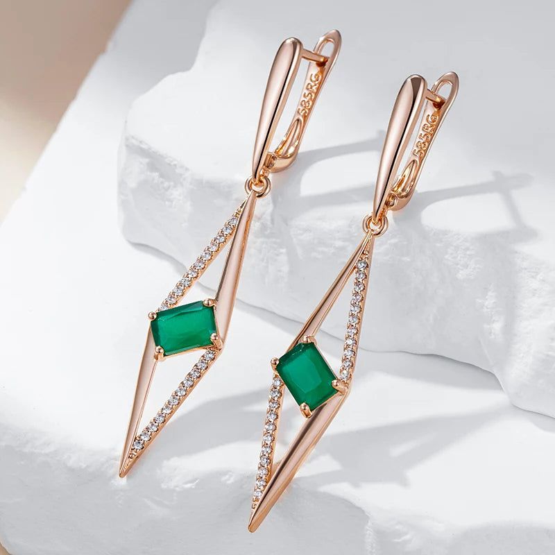 Tasteful Long Drop Earrings with Hot Square Green Natural Zircon in 585 Rose Gold