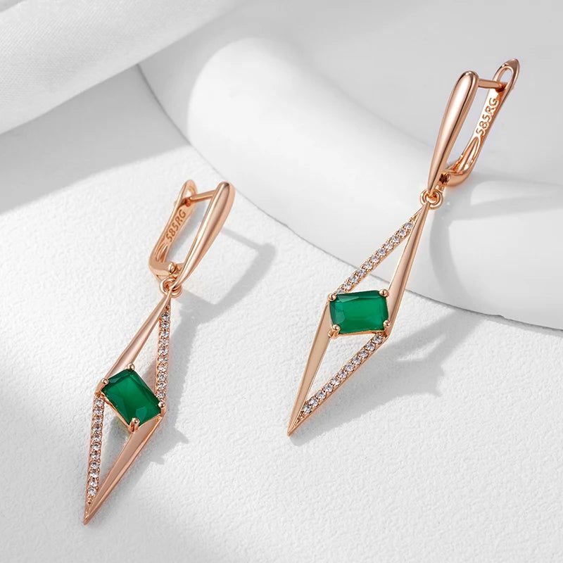 Tasteful Long Drop Earrings with Hot Square Green Natural Zircon in 585 Rose Gold