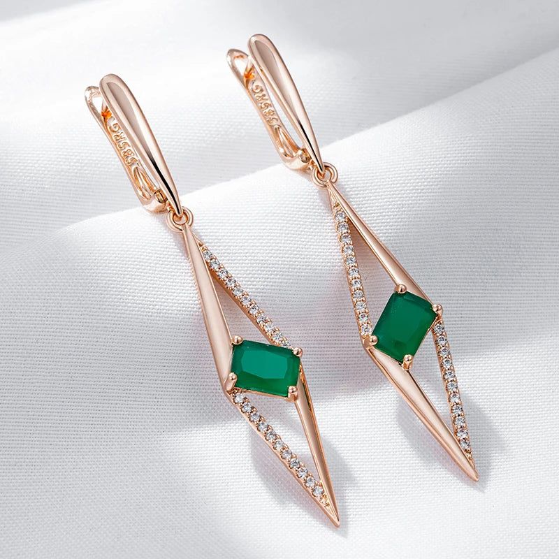 Tasteful Long Drop Earrings with Hot Square Green Natural Zircon in 585 Rose Gold