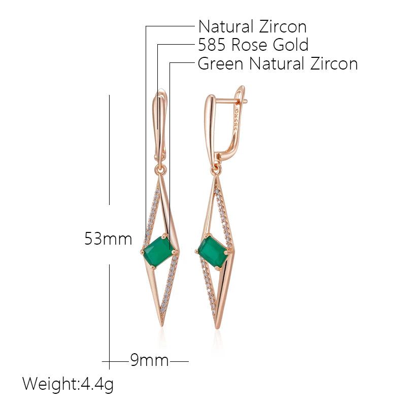 Tasteful Long Drop Earrings with Hot Square Green Natural Zircon in 585 Rose Gold