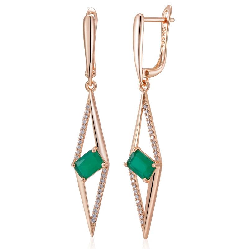 Tasteful Long Drop Earrings with Hot Square Green Natural Zircon in 585 Rose Gold