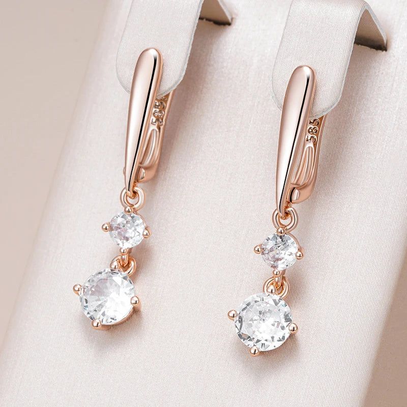 Tasteful Long Drop Earrings with Natural Zircon in 585 Rose Gold Finish