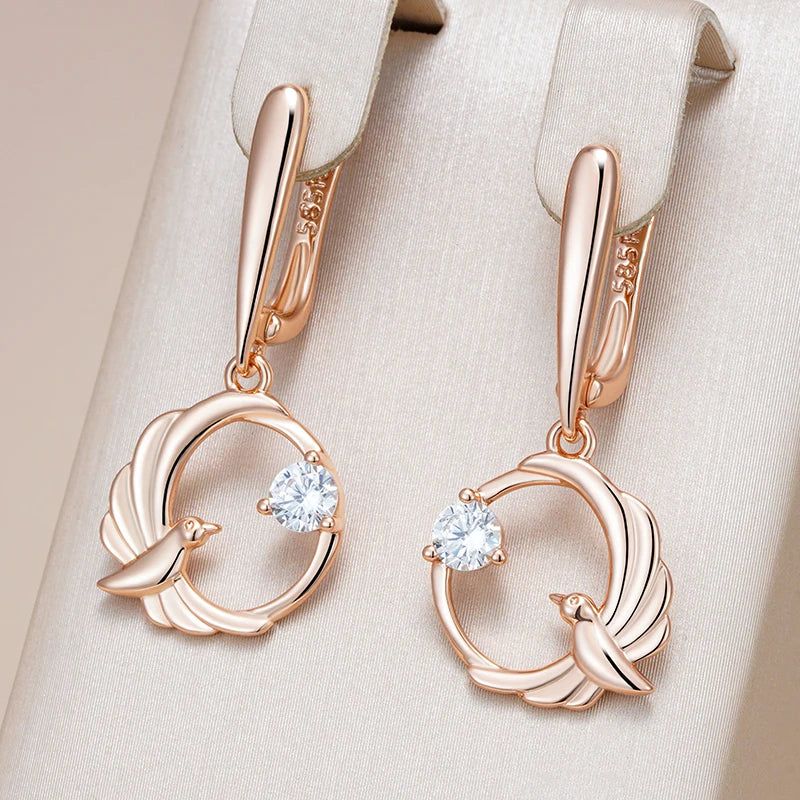 Tasteful Long Drop Earrings with Natural Zircon in 585 Rose Gold Finish