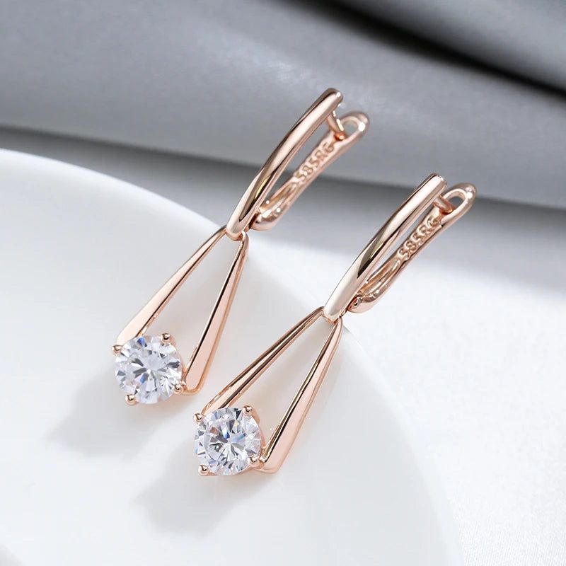 Tasteful Long Drop Earrings with Natural Zircon in 585 Rose Gold Finish