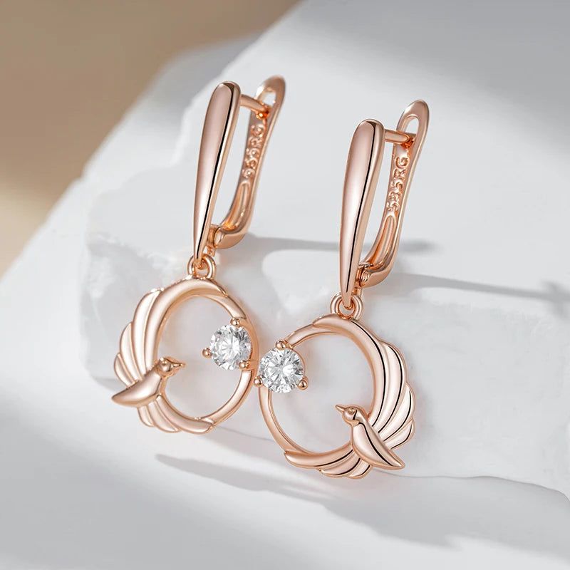 Tasteful Long Drop Earrings with Natural Zircon in 585 Rose Gold Finish