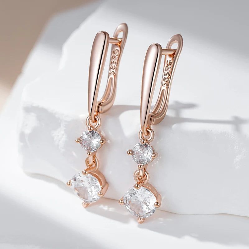 Tasteful Long Drop Earrings with Natural Zircon in 585 Rose Gold Finish