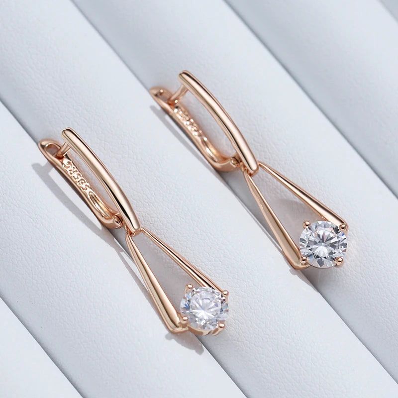 Tasteful Long Drop Earrings with Natural Zircon in 585 Rose Gold Finish