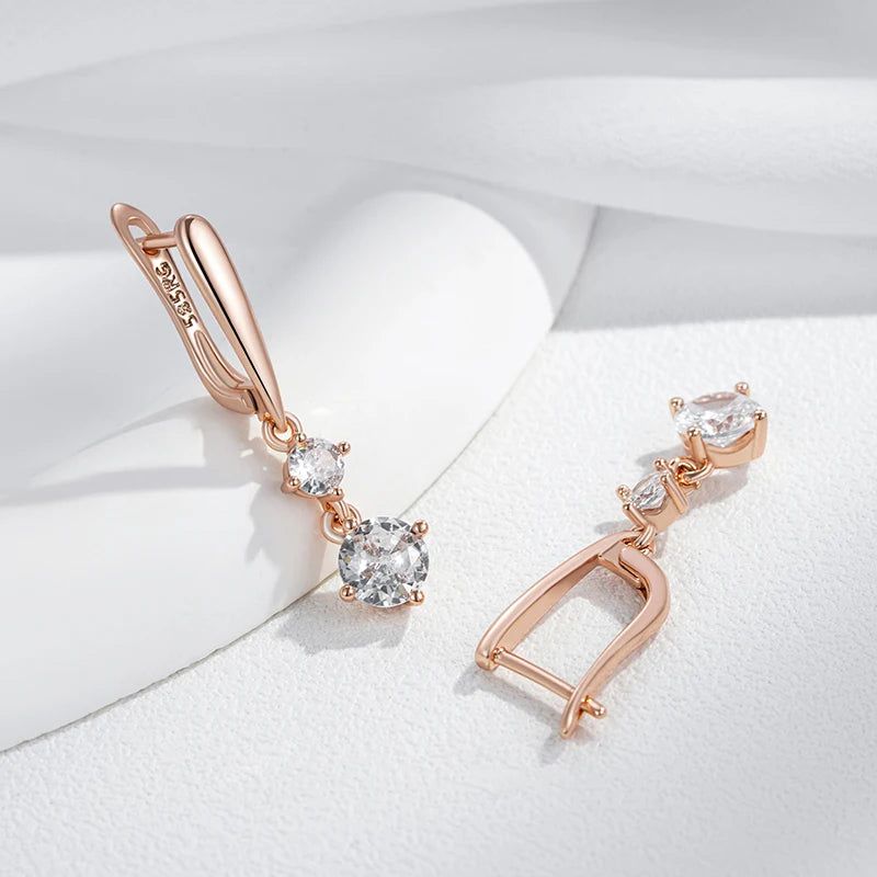 Tasteful Long Drop Earrings with Natural Zircon in 585 Rose Gold Finish