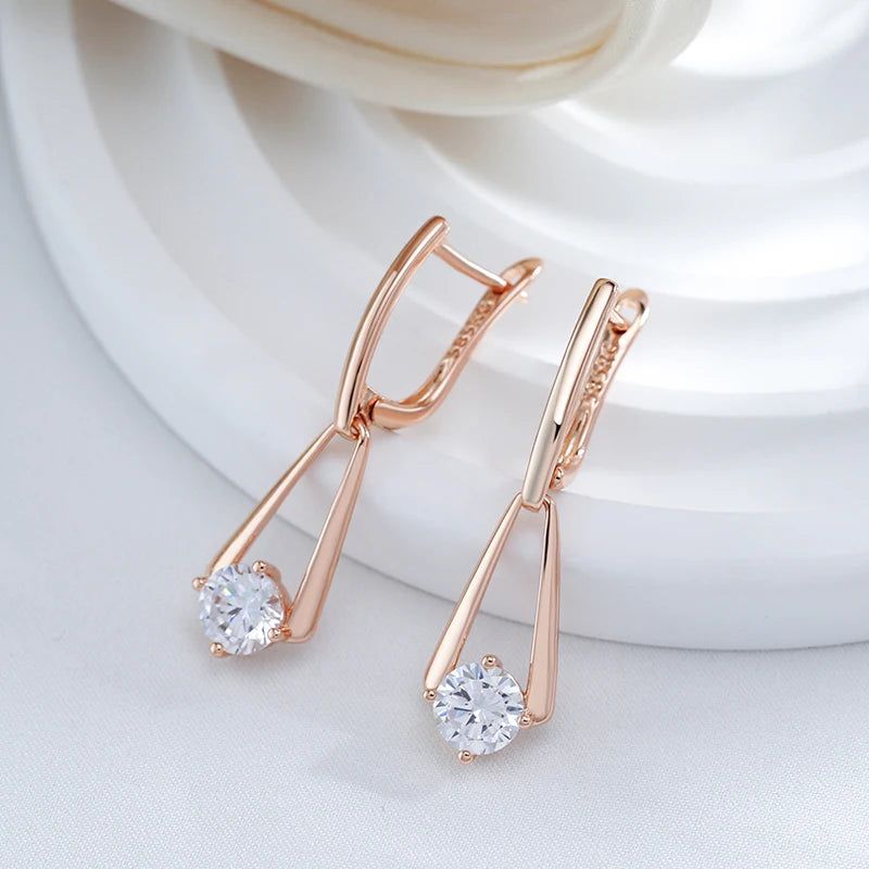 Tasteful Long Drop Earrings with Natural Zircon in 585 Rose Gold Finish