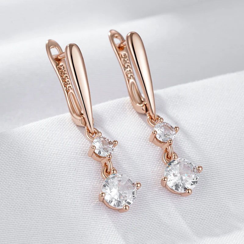 Tasteful Long Drop Earrings with Natural Zircon in 585 Rose Gold Finish