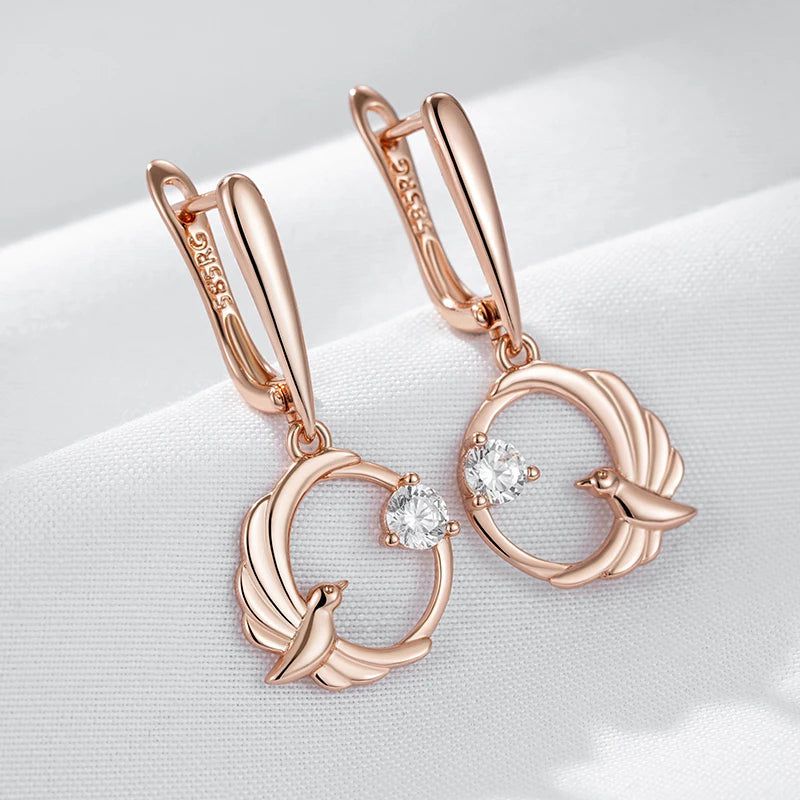 Tasteful Long Drop Earrings with Natural Zircon in 585 Rose Gold Finish