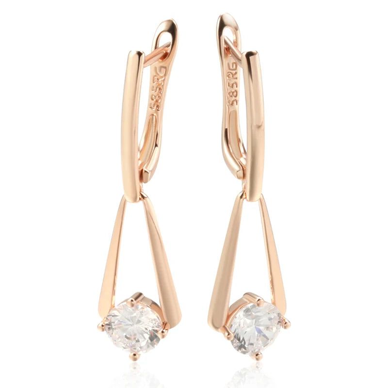 Tasteful Long Drop Earrings with Natural Zircon in 585 Rose Gold Finish