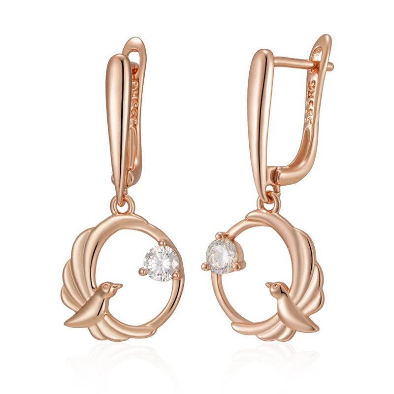 Tasteful Long Drop Earrings with Natural Zircon in 585 Rose Gold Finish