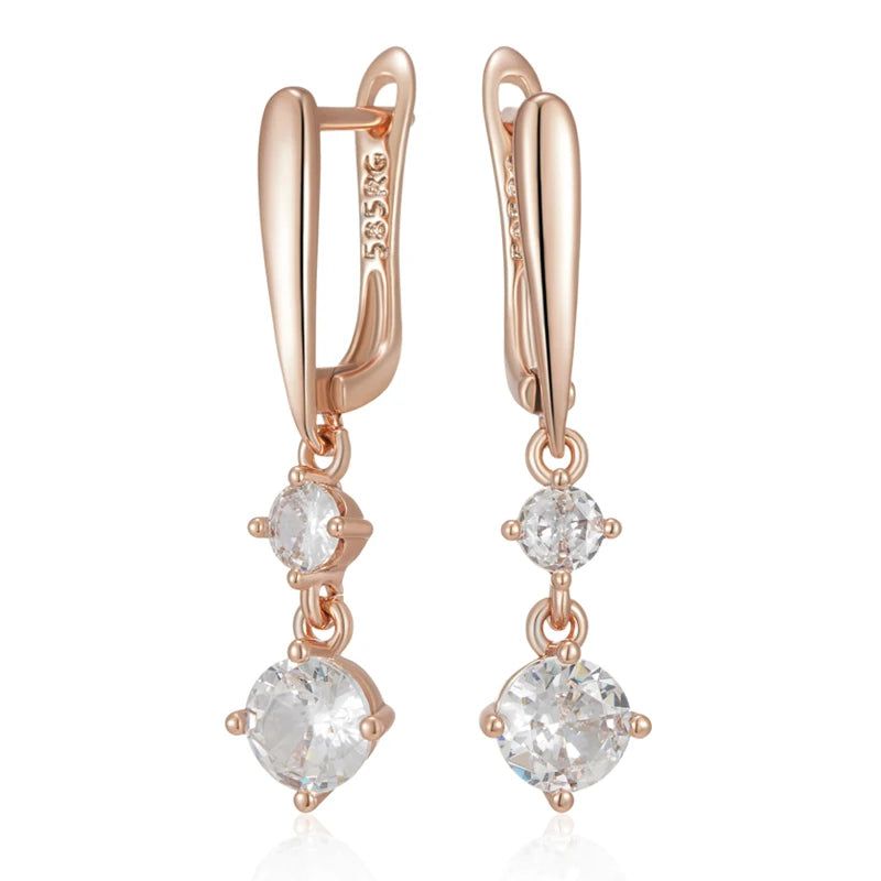 Tasteful Long Drop Earrings with Natural Zircon in 585 Rose Gold Finish