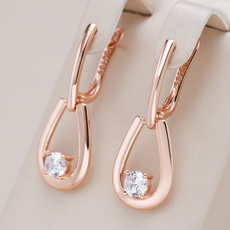 Tasteful Long Drop Earrings with Natural Zircon in 585 Rose Gold - Trendy Geometric Design