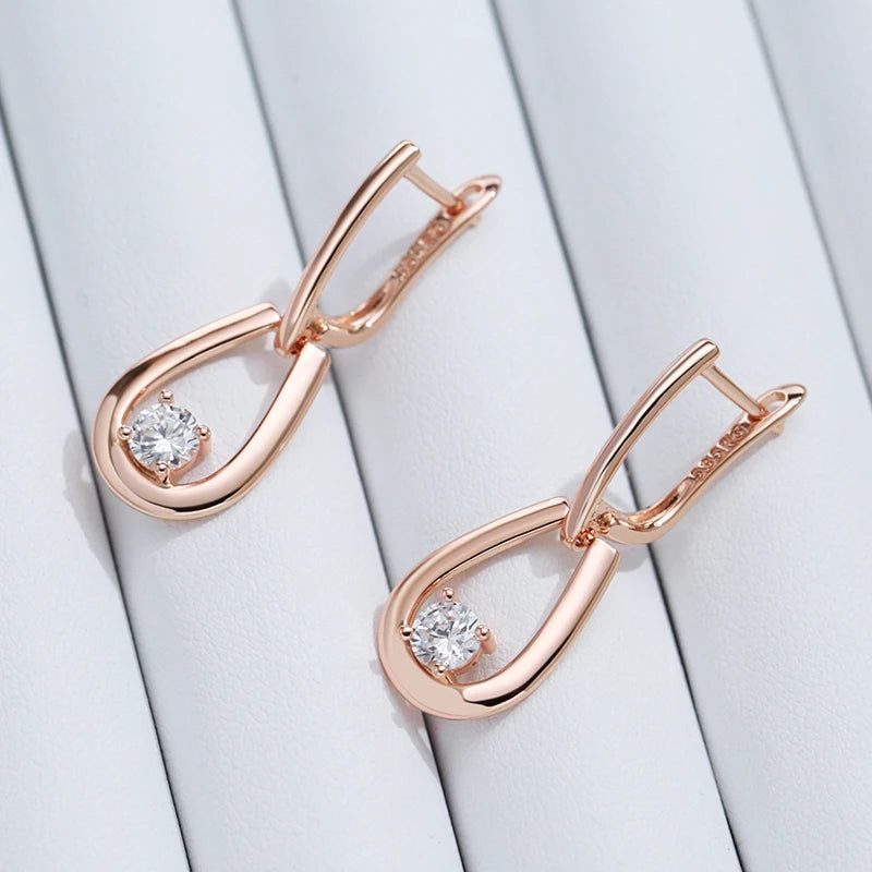 Tasteful Long Drop Earrings with Natural Zircon in 585 Rose Gold - Trendy Geometric Design