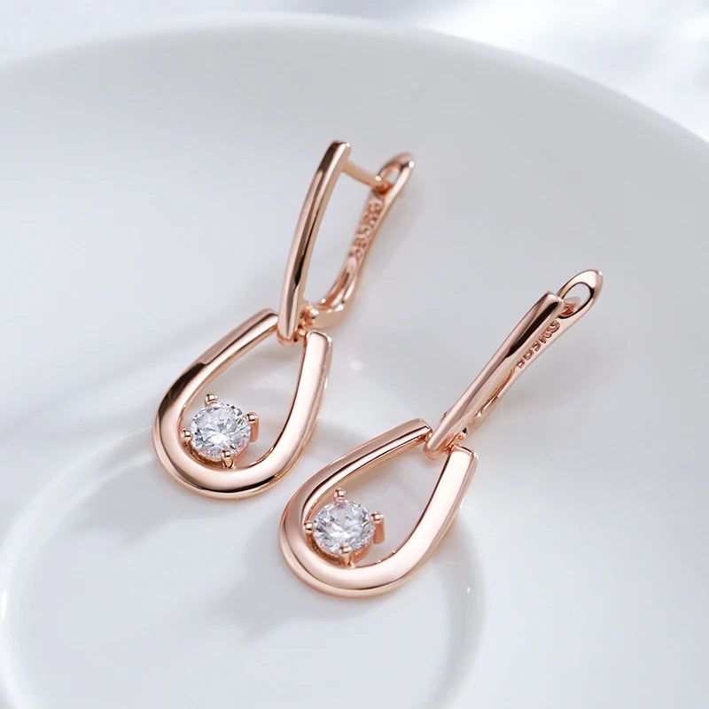 Tasteful Long Drop Earrings with Natural Zircon in 585 Rose Gold - Trendy Geometric Design