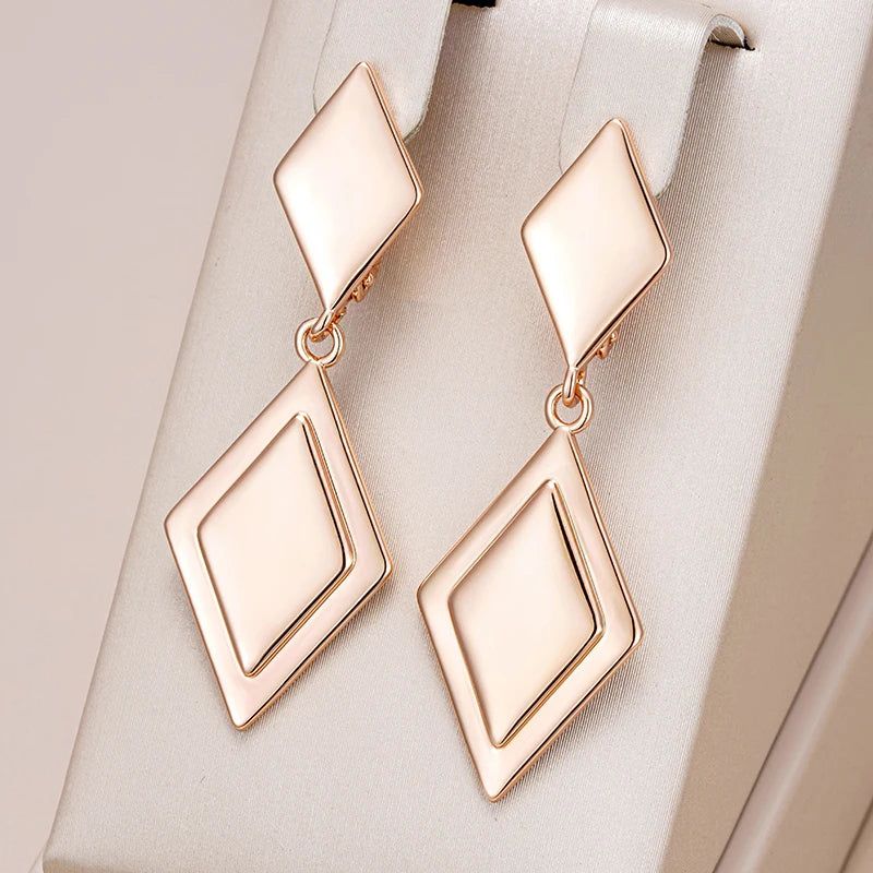 Tasteful Long Drop Earrings with Rhombus Design in 585 Rose Gold