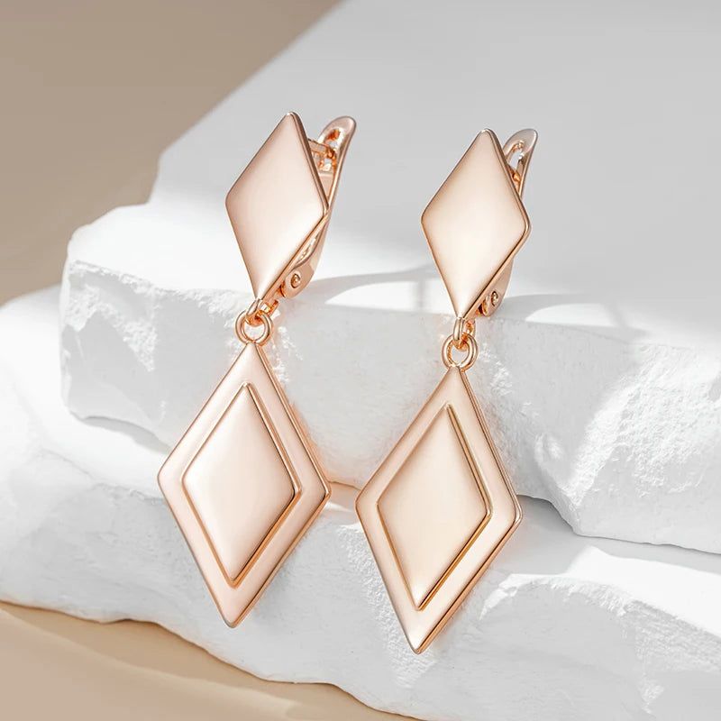 Tasteful Long Drop Earrings with Rhombus Design in 585 Rose Gold