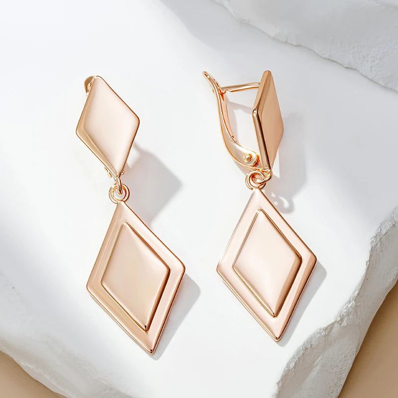 Tasteful Long Drop Earrings with Rhombus Design in 585 Rose Gold