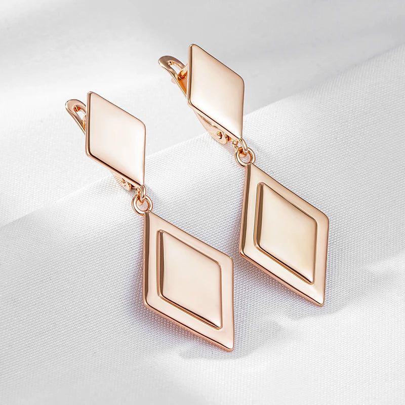 Tasteful Long Drop Earrings with Rhombus Design in 585 Rose Gold