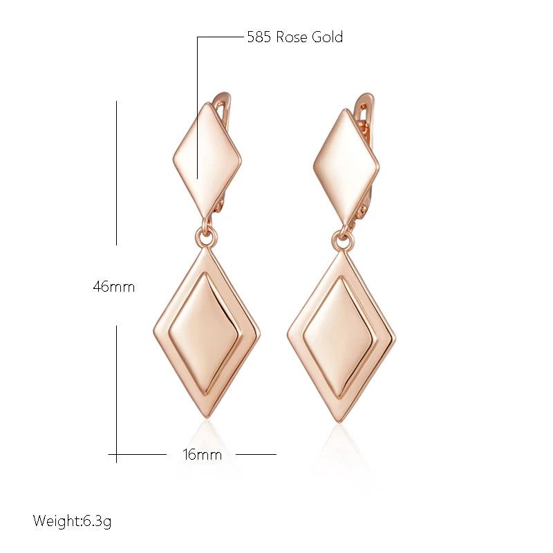 Tasteful Long Drop Earrings with Rhombus Design in 585 Rose Gold