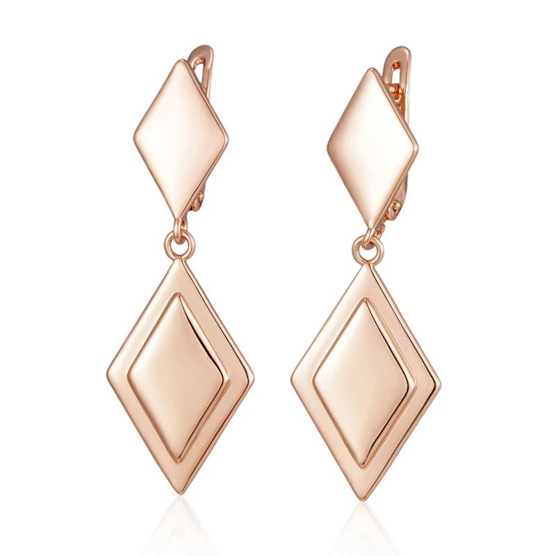 Tasteful Long Drop Earrings with Rhombus Design in 585 Rose Gold