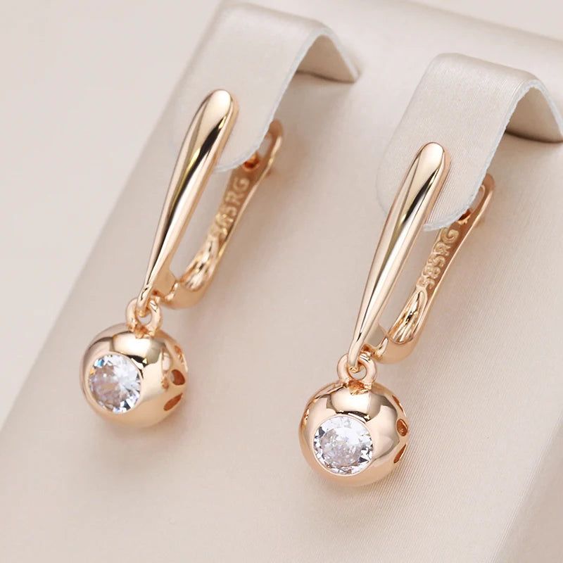 Tasteful Long Drop Earrings with Round Natural Zircon in 585 Rose Gold - Luxury Fashion Jewelry